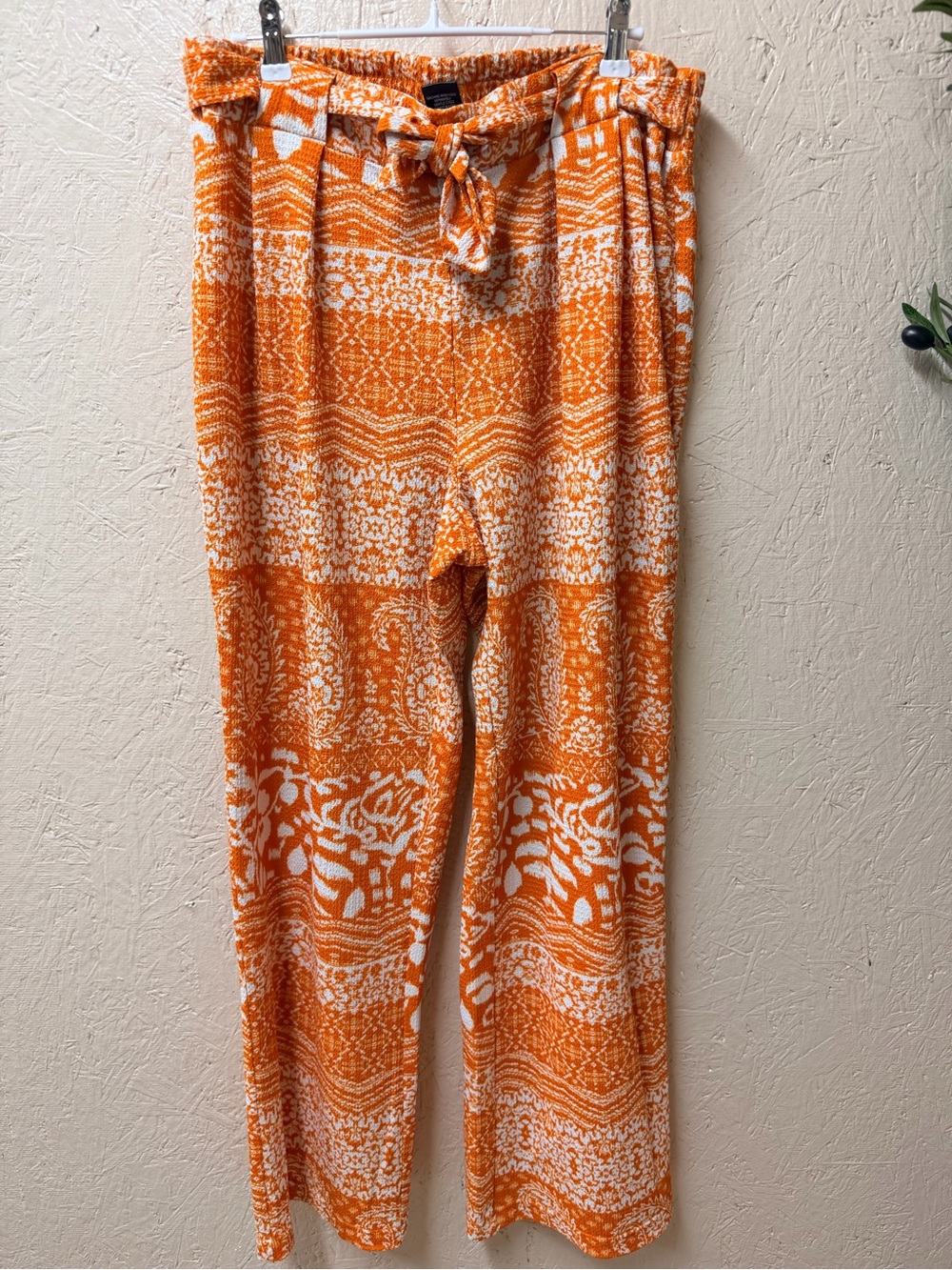 Soho Apparel Orange and White Textured Tie-Waist Pants